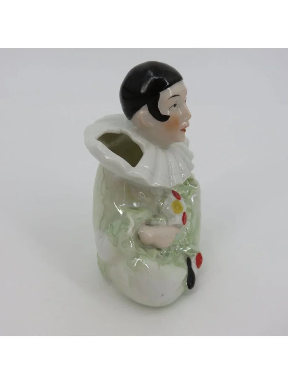 VTG Pierrot Clown Porcelain Double Opening Vase Green Red Yellow Iridescent MCM